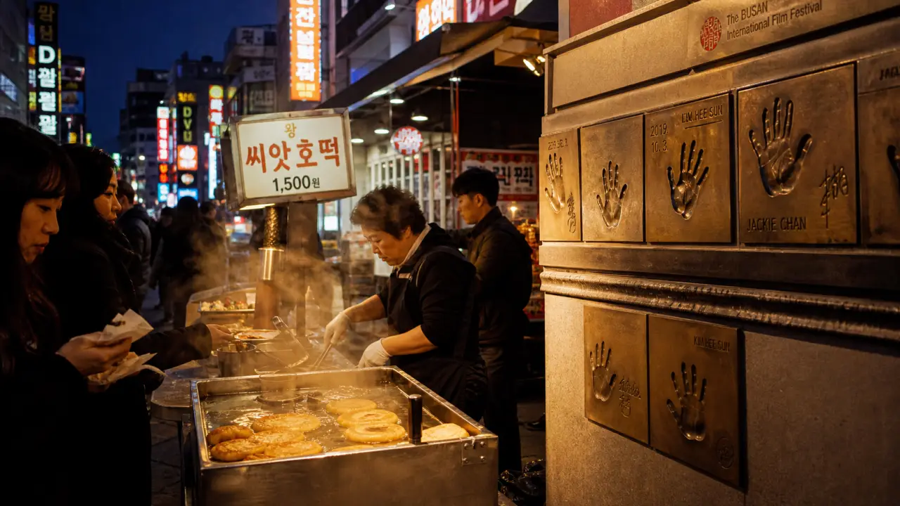 biff square busan : stand de ssiat hotteok et vapeur, ruelle au coucher du soleil