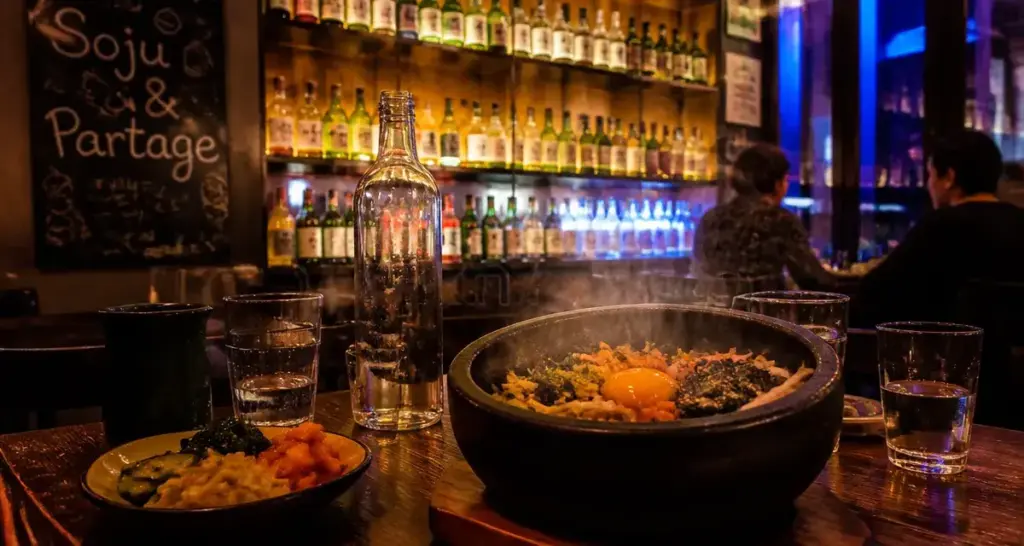 Comptoir coréen soju bar à Paris : dolsot bibimbap fumant et bouteilles de soju