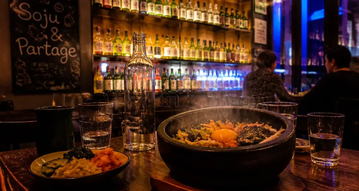 Comptoir coréen soju bar à Paris : dolsot bibimbap fumant et bouteilles de soju