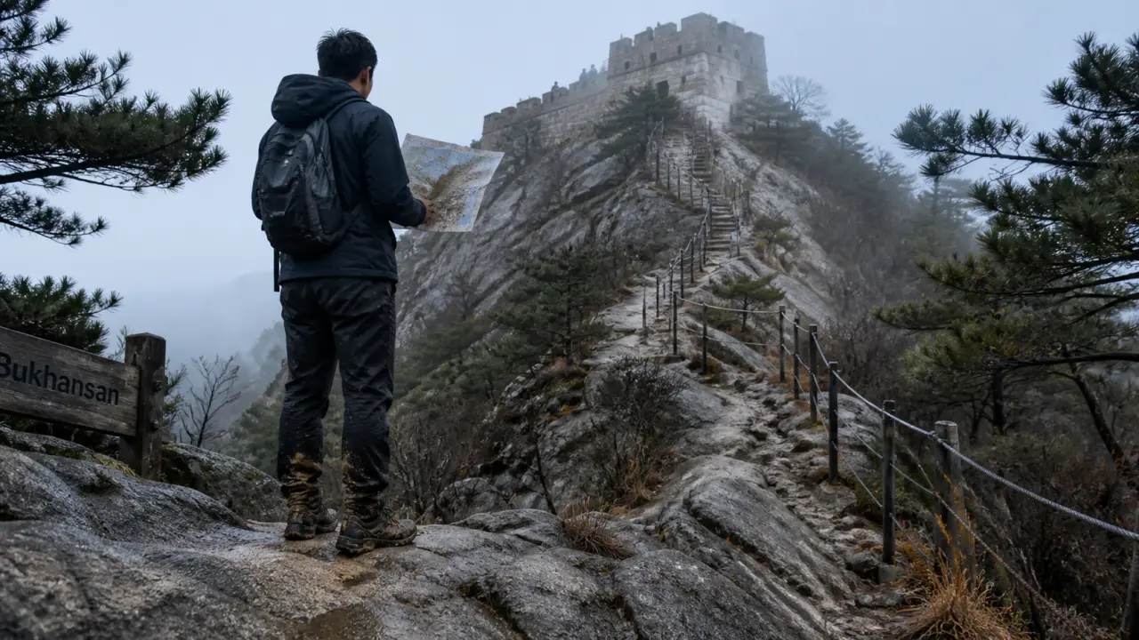 Corée du Sud randonnée : randonneur à Bukhansan, sentier de granit et brume
