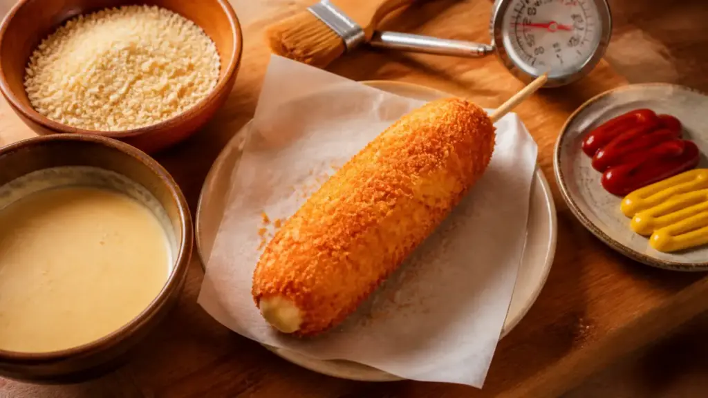 Corn dog coréen fait maison, fromage filant, frit à 160-170°C