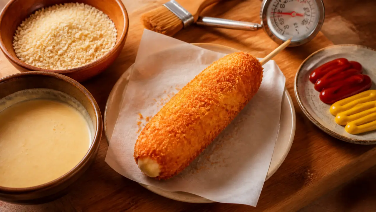 Corn dog coréen fait maison, fromage filant, frit à 160-170°C