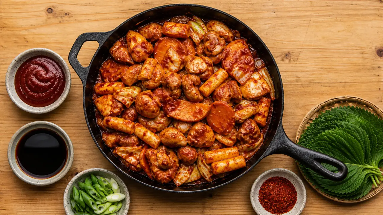 Dak galbi maison au gochujang, poêle rouge avec poulet, chou et tteok