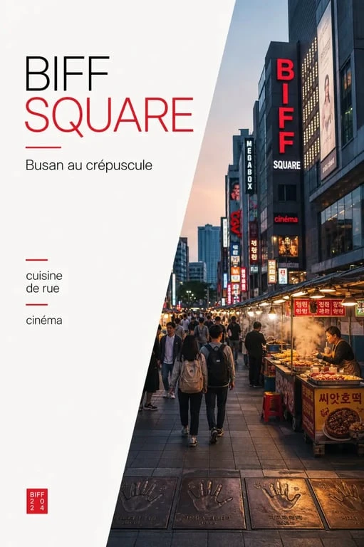 BIFF Square Busan au crépuscule, rues animées, street food et enseignes lumineuses
