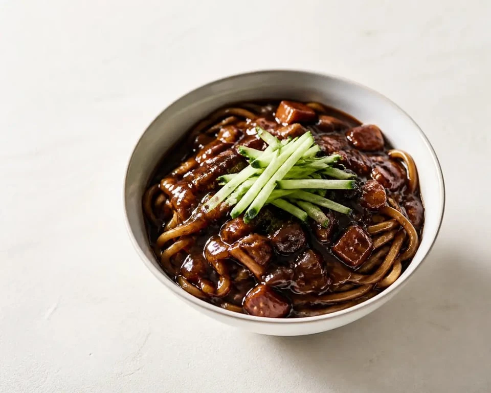 Recette jajangmyeon servie dans un bol avec sauce noire brillante et concombre