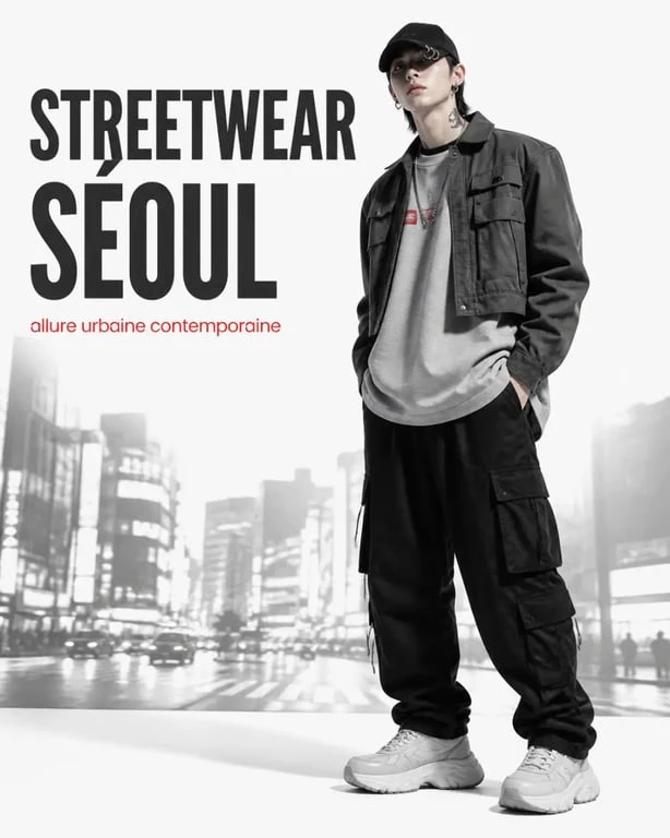 Tenue coréenne streetwear avec sweat oversize et cargo noir
