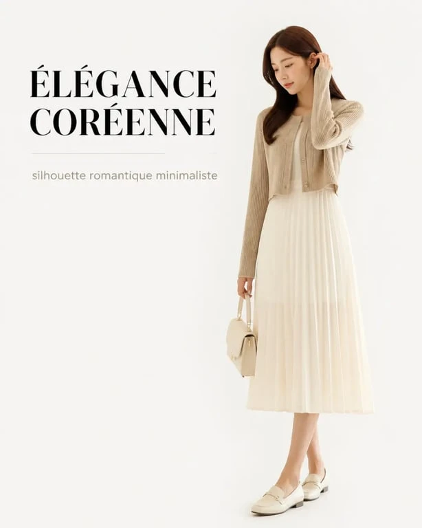 Tenue coréenne chic avec robe fluide, cardigan court et jupe plissée