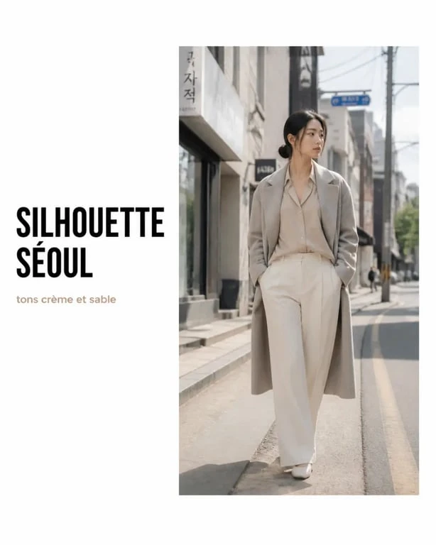 Tenue coréenne minimaliste beige et écru avec chemise oversize et pantalon droit