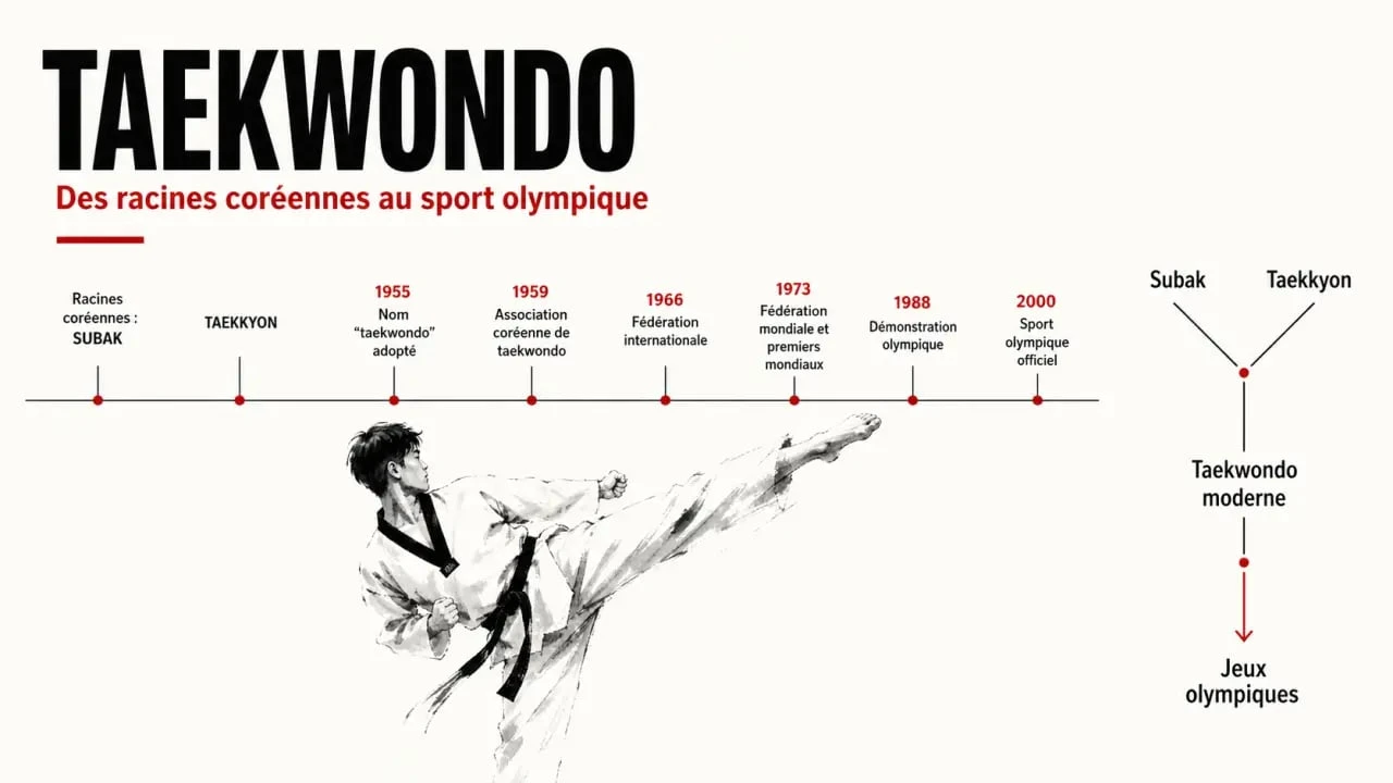 Taekwondo origine : frise historique des racines coréennes, du taekkyon au sport olympique