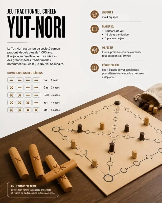 Jeu traditionnel coréen Yut-Nori sur une table en bois