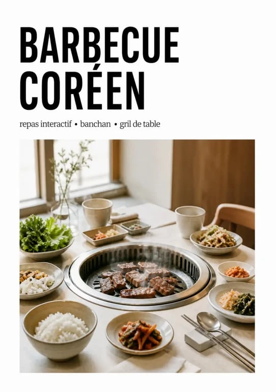 Shinla Galbi, barbecue coréen à table avec viande grillée et banchan