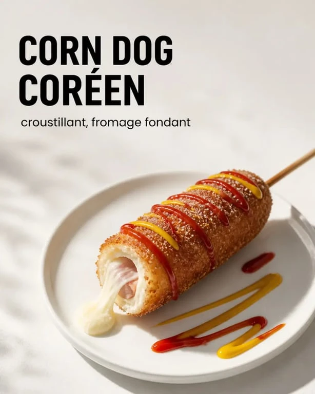 Corn dog coréen maison doré et croustillant avec fromage filant, présenté en assiette
