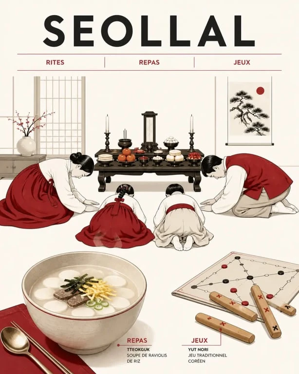 Nouvel an coréen Seollal : famille en hanbok, table de Charye, tteokguk et jeu de Yut nori