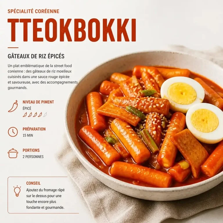 Recette de tteokbokki coréen traditionnel servi dans une assiette