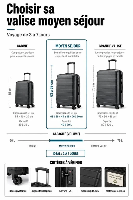 Infographie sur la valise moyen séjour avec dimensions, capacité et critères de choix