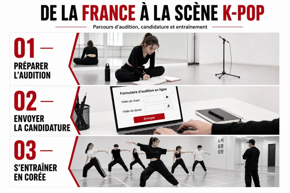 Comment devenir idol K-pop français : parcours visuel de l’audition en ligne à la formation trainee