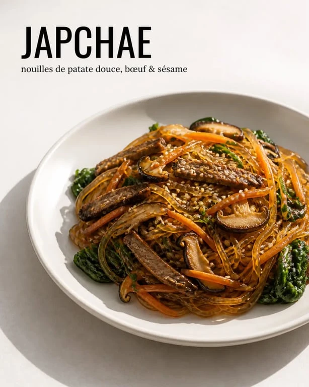 Nouille patate douce en japchae coréen, plat dressé avec légumes sautés, bœuf et graines de sésame