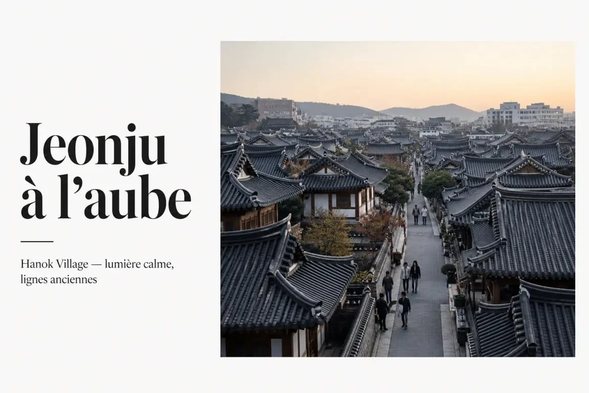 Jeonju Hanok Village vu d’ensemble avec ses toits traditionnels et ses ruelles