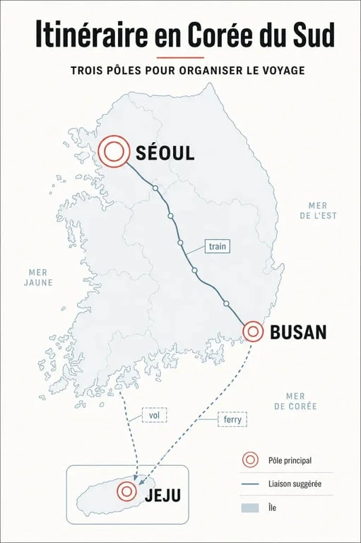 Carte Corée touristique avec Séoul, Busan et Jeju pour préparer un itinéraire