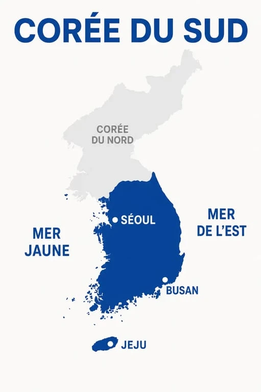 Carte Corée du Sud et péninsule coréenne avec Séoul, Busan et Jeju