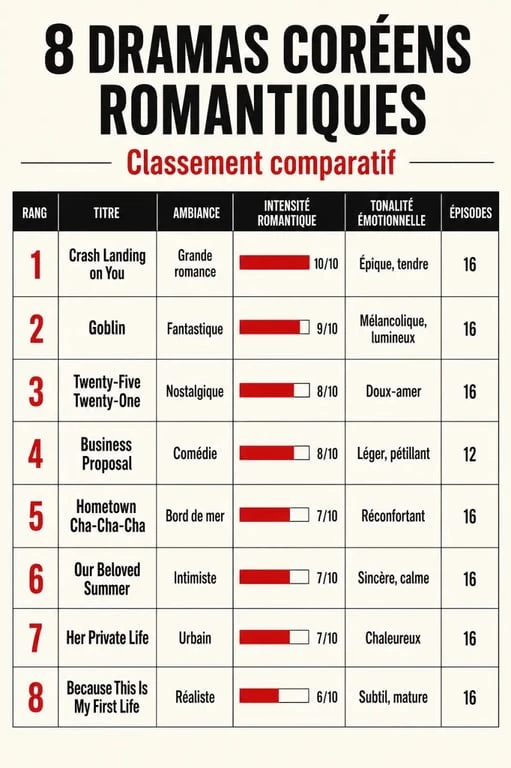 Infographie des meilleurs drama coréen romance à voir selon l’ambiance, l’intensité romantique et le nombre d’épisodes