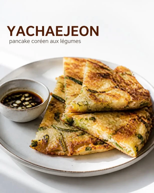 Pancake coréen yachaejeon coupé et servi avec sauce