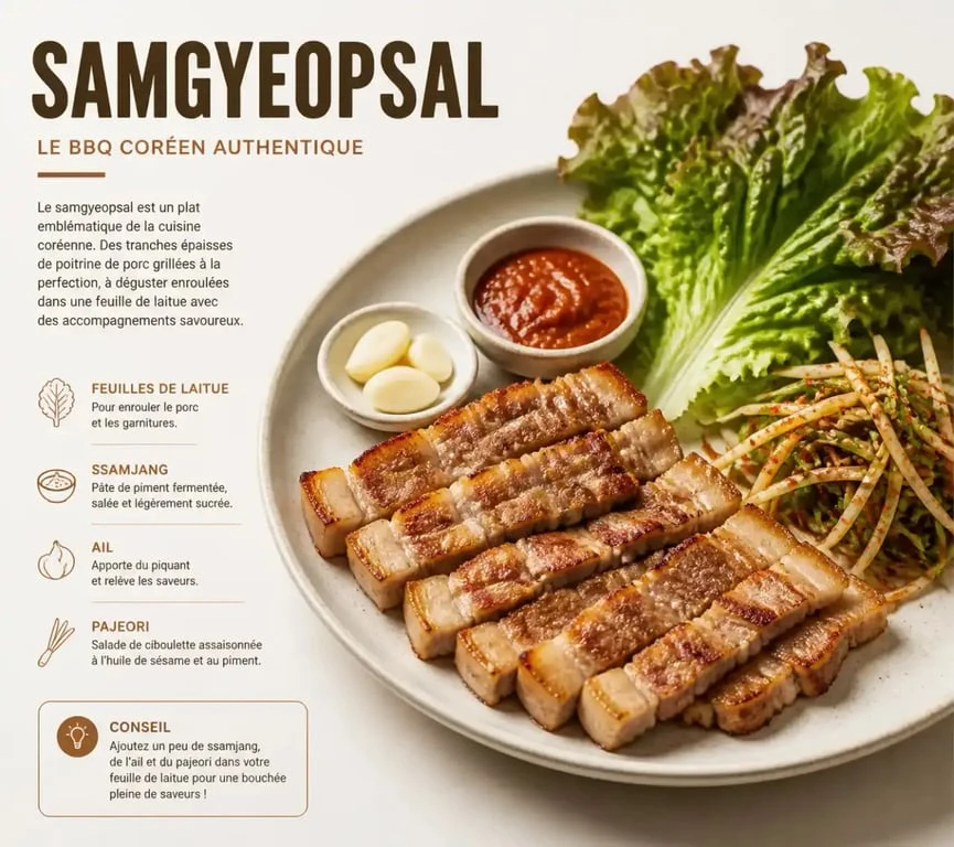Samgyeopsal traditionnel coréen avec poitrine de porc grillée et accompagnements