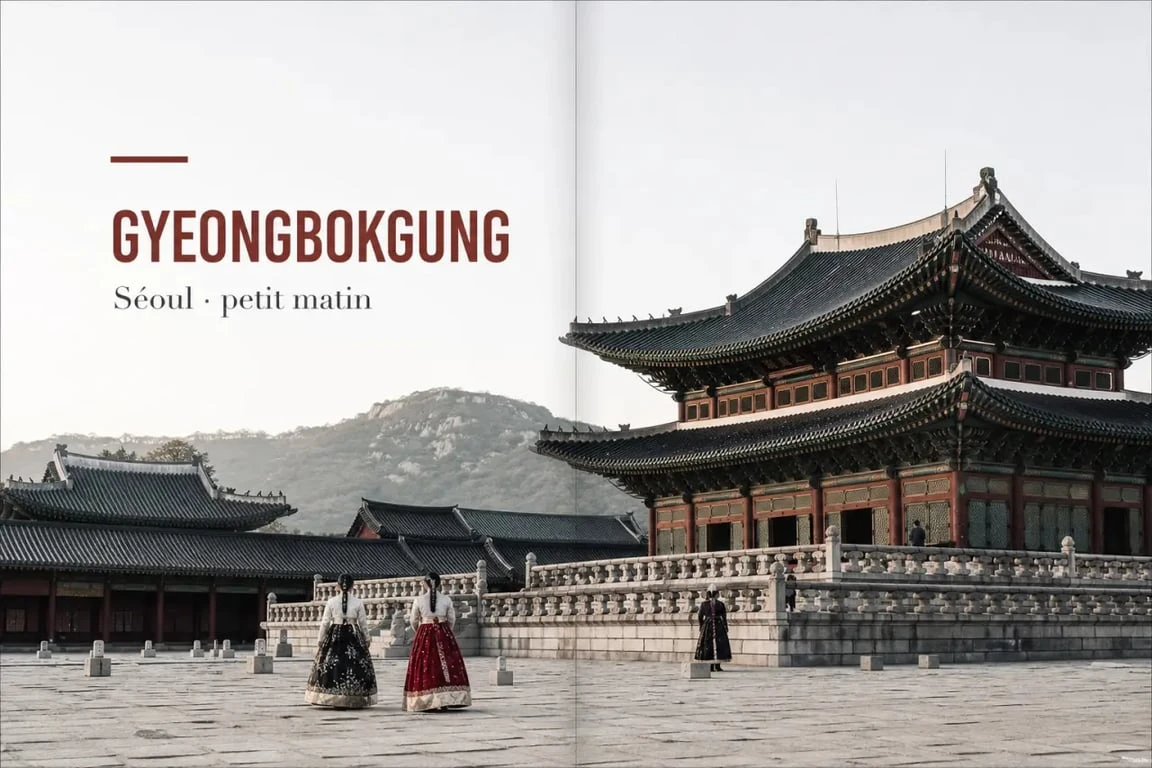 que faire a seoul : le palais Gyeongbokgung au petit matin avec des visiteurs en hanbok