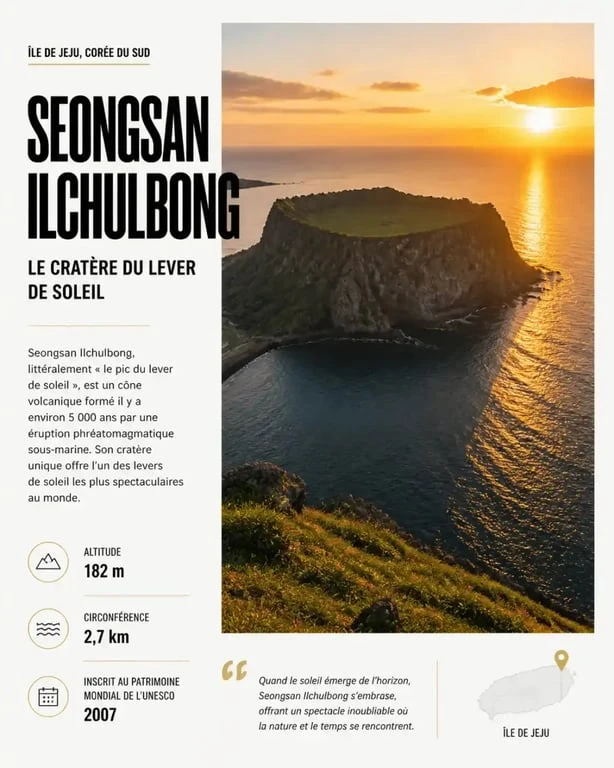 Pic volcanique Seongsan Ilchulbong à Jeju au lever du soleil