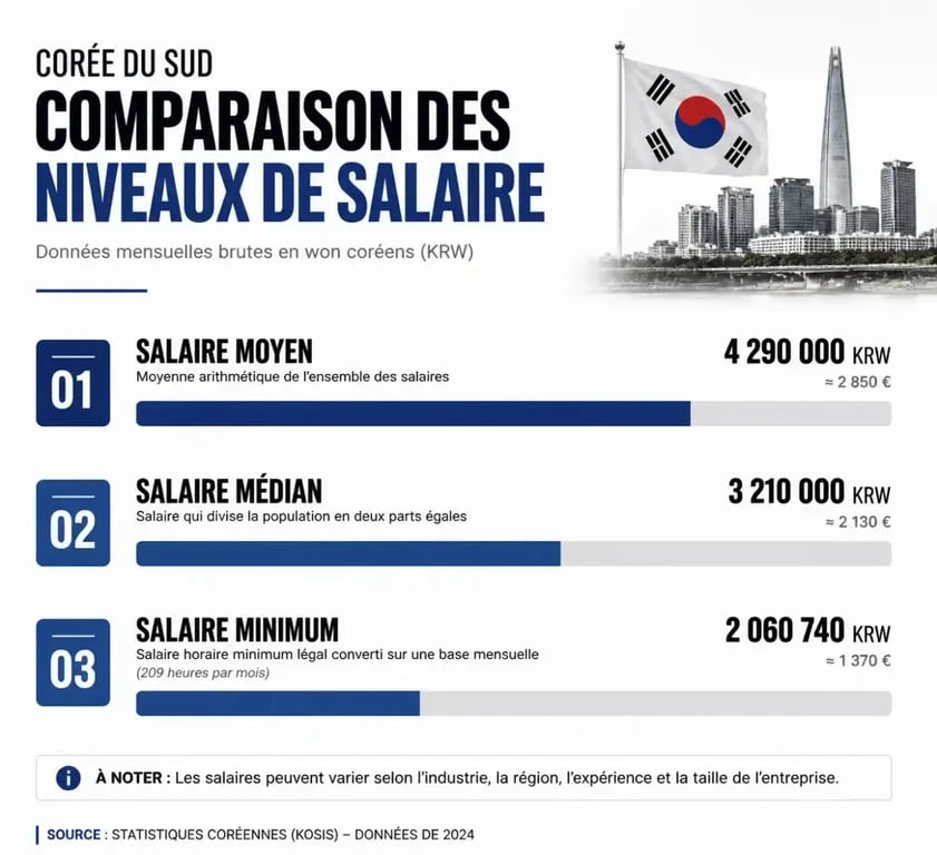 Comparatif des niveaux de salaire moyen, médian et minimum en Corée du Sud