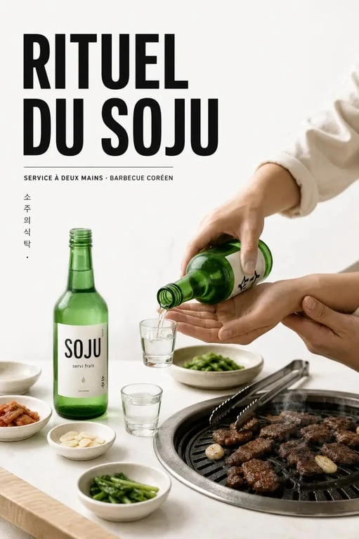 Rituel de service du soju alcool en Corée autour d’une table