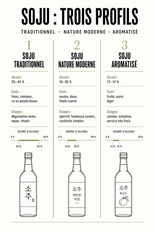 Comparatif du soju alcool entre traditionnel, nature moderne et aromatisé
