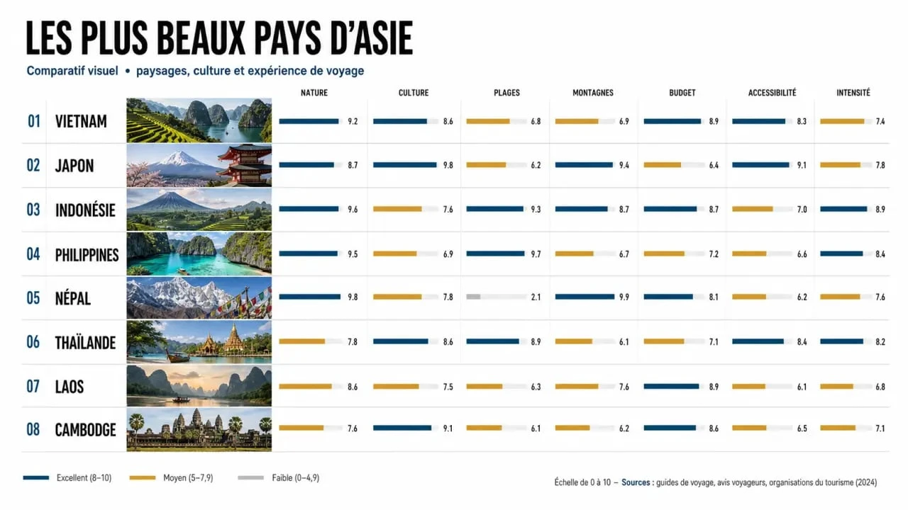 Comparatif des plus beau pays d Asie avec Vietnam, Japon, Indonésie, Philippines, Népal, Thaïlande, Laos et Cambodge