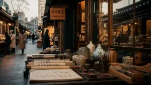 insadong seoul : étal d’antiquaire et calligraphie dans une ruelle