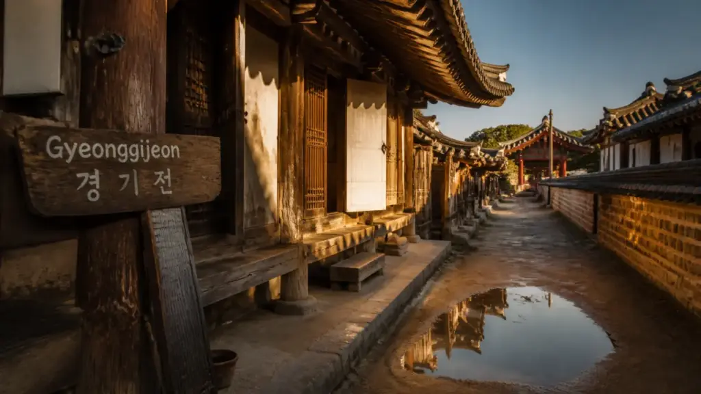Jeonju Hanok Village : ruelle hanok, panneau Gyeonggijeon et reflets dorés