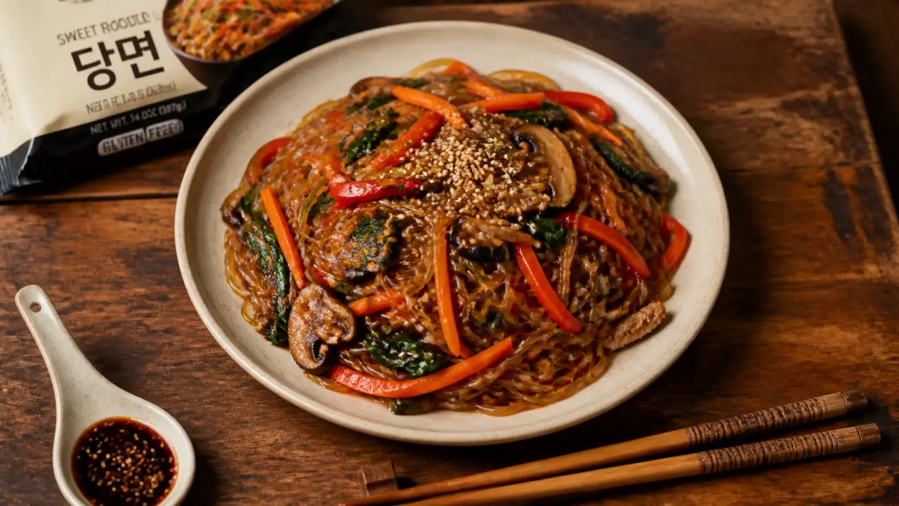 Nouille patate douce japchae tiède, nouilles dangmyeon et légumes