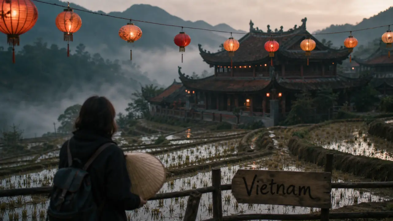 Plus beau pays d asie : rizières en terrasse au Vietnam, temple dans la brume