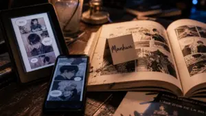 Manhwa : lecture verticale webtoon, téléphone et liseuse, culture coréenne