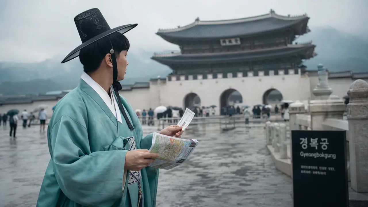 Que faire a seoul : photographe en hanbok devant Gyeongbokgung, matin brumeux