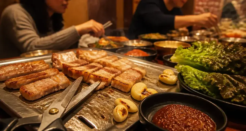 Samgyeopsal sur plaque chauffante, ssamjang et laitue sur table