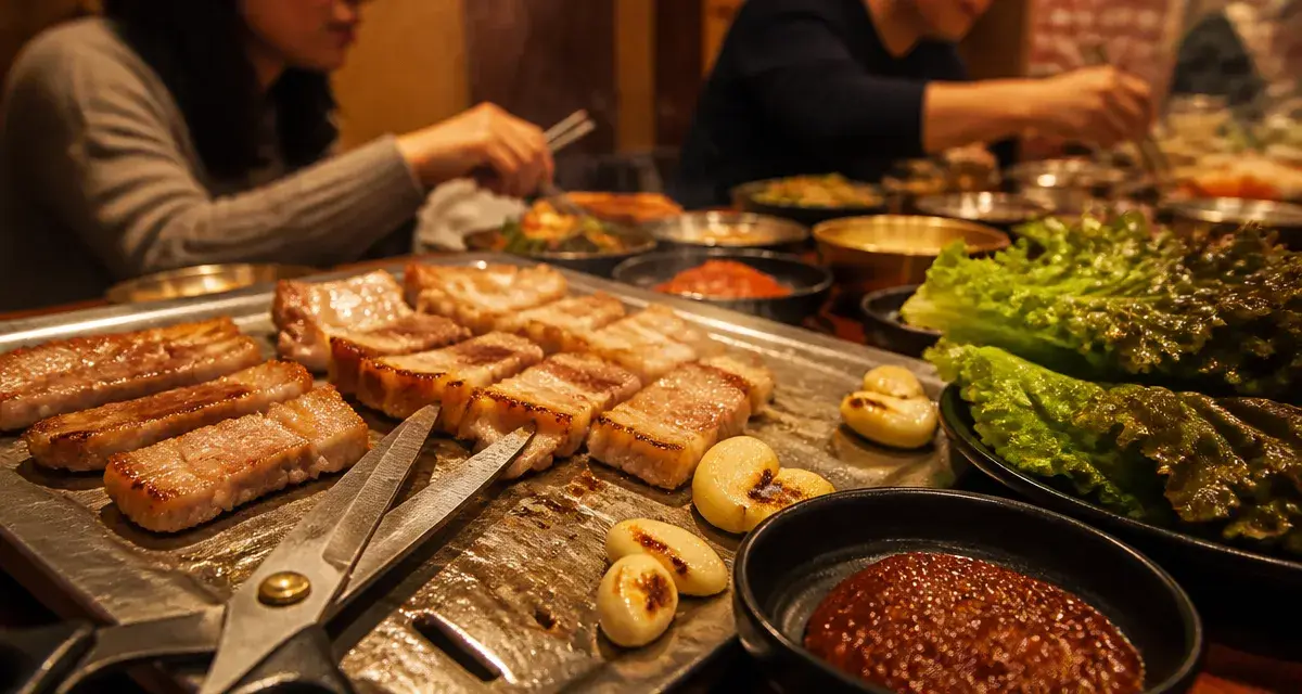 Samgyeopsal sur plaque chauffante, ssamjang et laitue sur table
