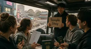 Séjour 18-25 ans en Corée du Sud : Temple Stay à Séoul, jeunes avec passeports dans le bus