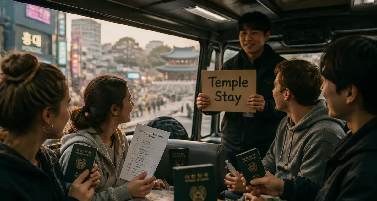 Séjour 18-25 ans en Corée du Sud : Temple Stay à Séoul, jeunes avec passeports dans le bus