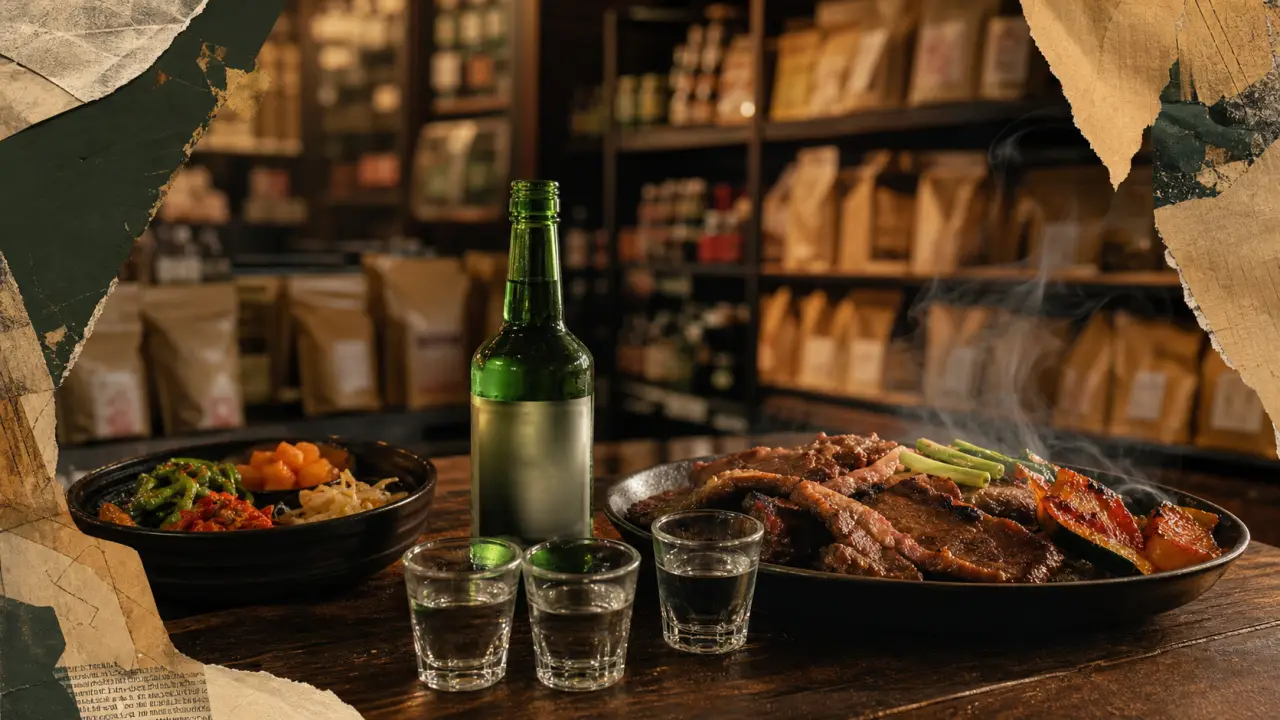 Soju alcool : bouteille coréenne et verres, 36 cl