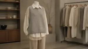 Tenue coréenne oversize pastels et superpositions légères, chemise et pulls gris-beige
