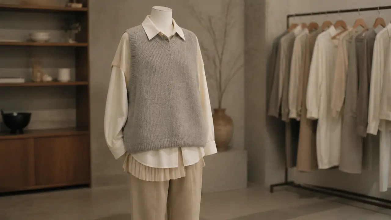 Tenue coréenne oversize pastels et superpositions légères, chemise et pulls gris-beige