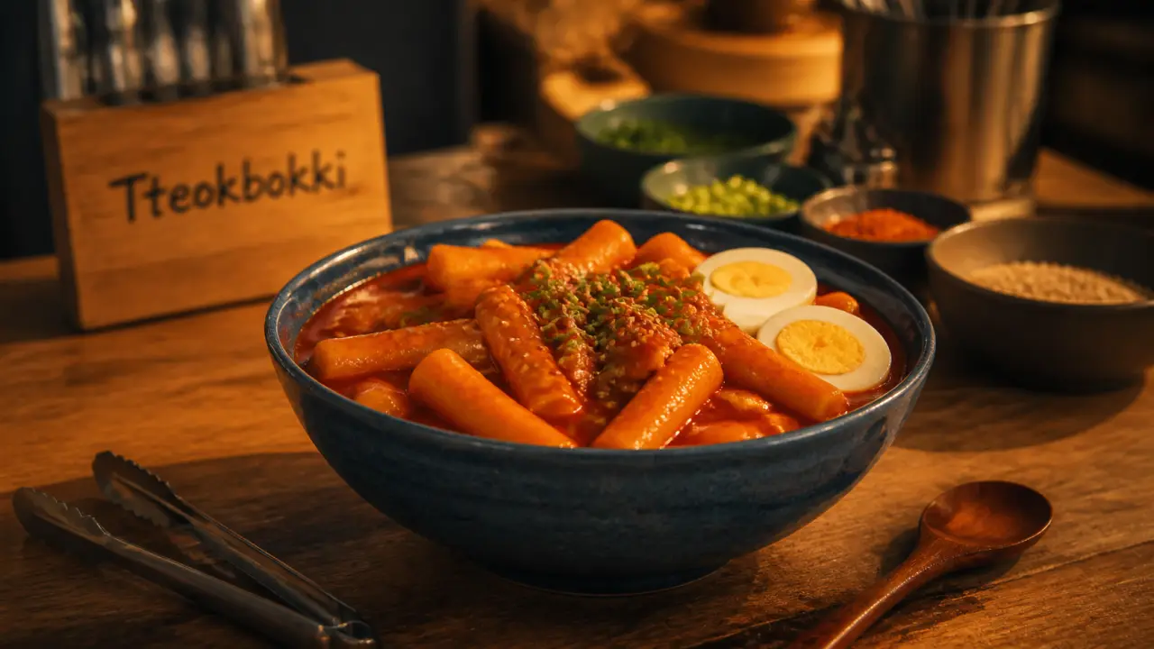 Tteokbokki recette maison : bol rouge au gochujang, eomuk et œuf