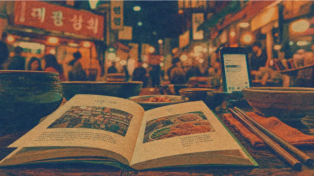 Vivre la Corée Soo Kim : livre coréen, bols et marché urbain flou