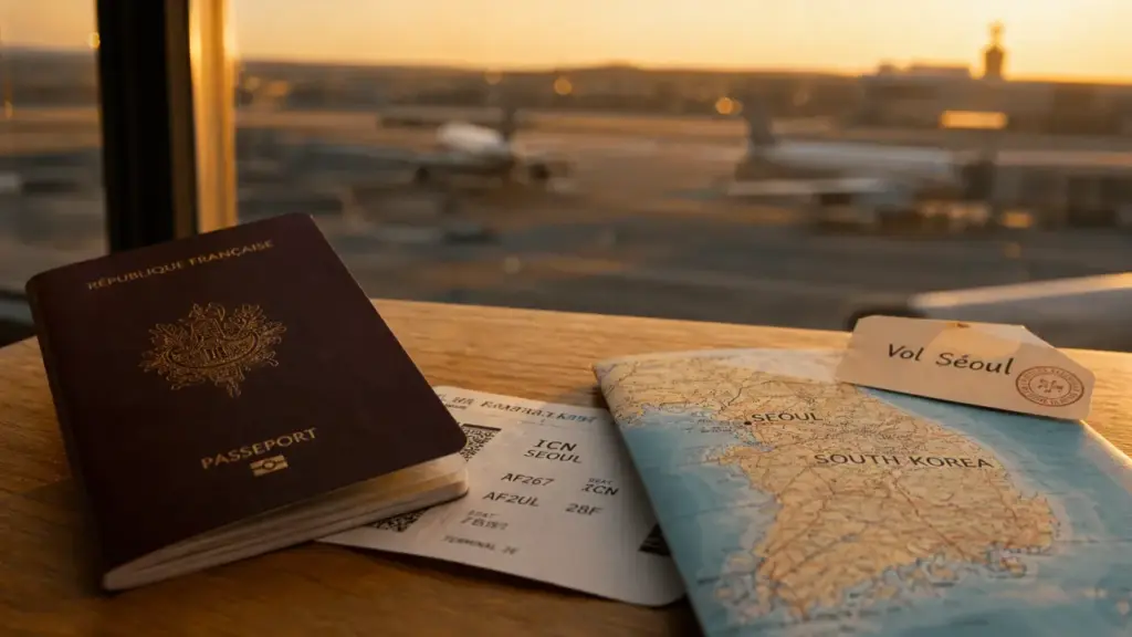 Voyage Corée du Sud billet d'avion : passeport et billet, carte de la Corée et aéroport