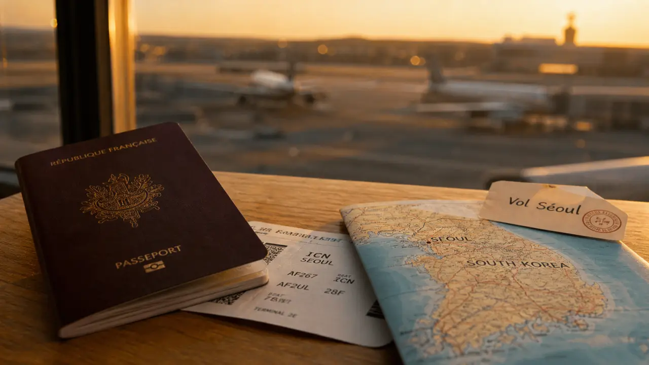 Voyage Corée du Sud billet d'avion : passeport et billet, carte de la Corée et aéroport